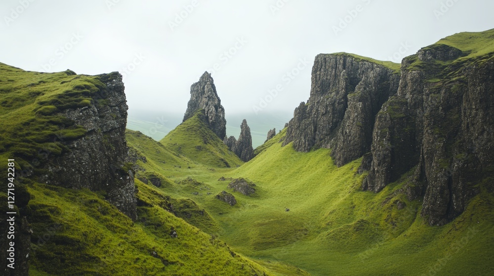 Aufkleber green hills and rugged cliffs rising through misty air create a dramatic, otherworldly atmosphere in