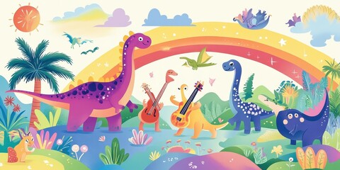 Obraz premium Colorful dinosaurs play guitars in a prehistoric landscape scenery