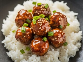 Delicious Asian meatballs garnished with sesame seeds and green onions served on a bed of fluffy rice.