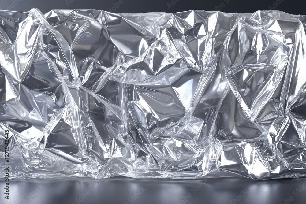 Poster a visually striking studio shot of crumpled transparent plastic wrap on a reflective surface, creati
