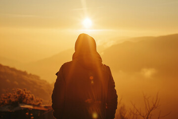 Hiker resting on hilltop with scenic mountain view nature adventure generative AI