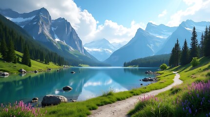 Stunning Alpine Lake with Snow Capped Mountains and Lush Forest Scenery