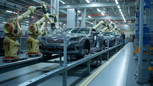  Automated car assembly line with robotic arms working on vehicles in a modern factory