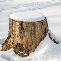 Snow-Covered Tree Stump Winter Landscape Photography, Vertical Composition, Close-Up View winter photography, snow scene