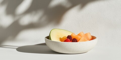 Fresh melon and berry fruit bowl minimalist kitchen food natural light aesthetic presentation