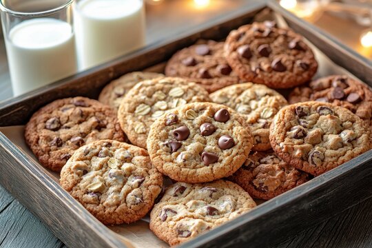 A rustic wooden tray filled with homemade chocolate chip cookies and two glasses of cold milk, set against a backdrop of warm, festive lights creating cozy atmosphere.