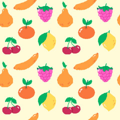 Bright pixelated fruit seamless pattern