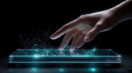 A hand is touching a tablet screen with a blue glow