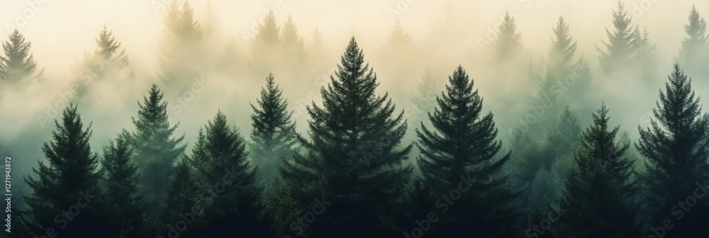 Poster Sunlight filters through a thick layer of fog, illuminating the tops of evergreen trees in a serene and mysterious forest landscape at dawn, creating a tranquil and atmospheric scene