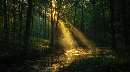 Fototapeta premium Sunbeams Dancing on Forest Pond: A Serene Morning