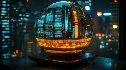 Crystal ball city reflection at night