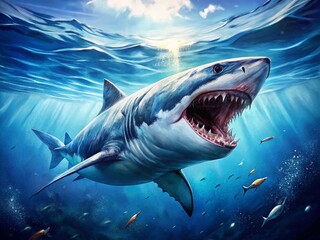 Obraz premium Great White Shark Ocean Predator Powerful Tail Swimming Jaws Open