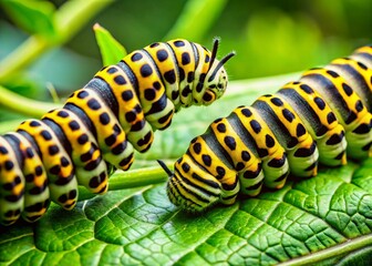 Naklejka premium Green and Black Caterpillars with Yellow Markings - Close-Up Macro Photography for Educational Use