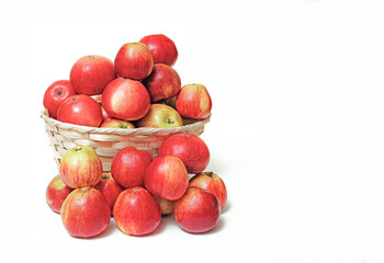 many natural ripe red apples on white background, close up for sale, for healthy eating, with space for text