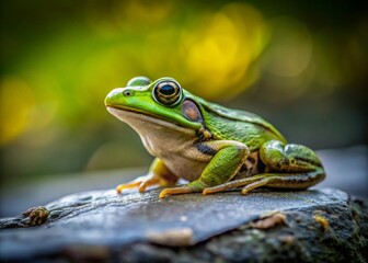 Fototapeta premium Green Frog Posing on a River Rock - Amphibian Wildlife Stock Photo