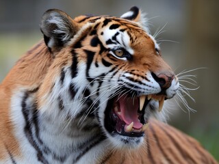 Fototapeta premium A fierce Bengal tiger displays its teeth, showcasing its strength and majesty in a natural setting.