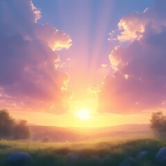 a stunning high-quality 4K resolution animation-style image of a breathtaking Easter morning sunrise at a mountain. The atmosphere feels divine, uplifting, symbolizing resurrection and new beginning