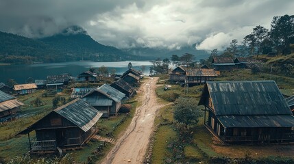 Serene Lakeside Village nestled in the Mountains