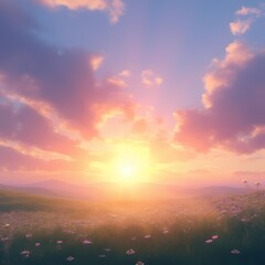 a stunning high-quality 4K resolution animation-style image of a breathtaking Easter morning sunrise at a mountain. The atmosphere feels divine, uplifting, symbolizing resurrection and new beginning