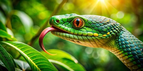 Fototapeta premium Green Snake Head Motion, Darting Tongue, Jungle Foliage, High Depth of Field Stock Photo