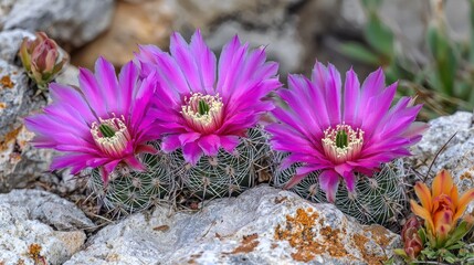 Stunning Blooming Cactus Trio: A Vibrant Display of Desert Flora
