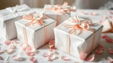 Elegant presents wrapped in white paper with peach ribbons, surrounded by delicate pink rose petals.