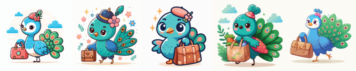 vector cute peacock holding a bag
