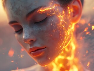 Female young caucasian with fiery cracks on face in surreal art portrait