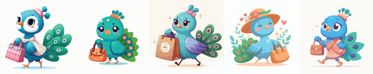 vector cute peacock holding a bag