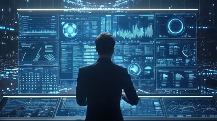 Futuristic Data Analyst at Work:  A Silhouette Against a Wall of Blue Digital Screens Displaying Complex Information