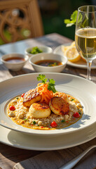 Elegant seafood dish served outdoors, warm culinary delight
