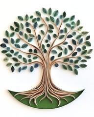 Tree of Life Paper Quilling, a mesmerizing tree of life composition with intricate quilled roots, trunk, and spiraling branches, create a sense of natural wonder