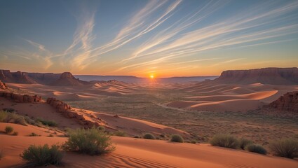 Fototapeta premium Desert landscape at sunset showcasing vibrant colors and striking formations in the arid terrain