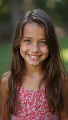 Fototapeta premium A cheerful girl around 10-15 years old with long hair and bright eyes, resident of USA, smiles at the camera. The setting features a plain backdrop, highlighting her joyful expression. Generative AI