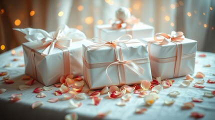 Fototapeta premium Elegant white gifts adorned with pale pink ribbons surrounded by scattered rose petals on a draped table.