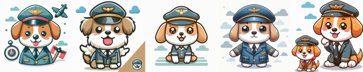 Vector set of adorable dogs wearing pilot uniforms