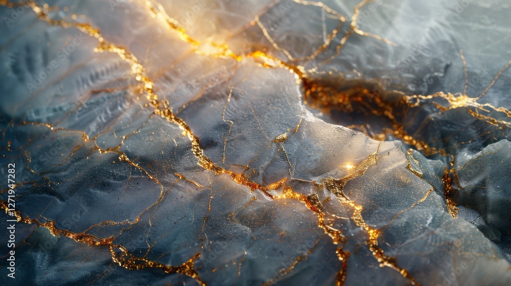 Aufkleber Cracked ice reveals intricate patterns and glowing veins of light blending with the natural ice texture at twilight, creating a breathtaking visual effect.