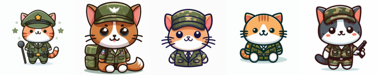 Vector set of adorable cats wearing army uniforms