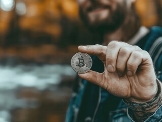 Smiling male holding bitcoin coin outdoors displaying cryptocurrency concept