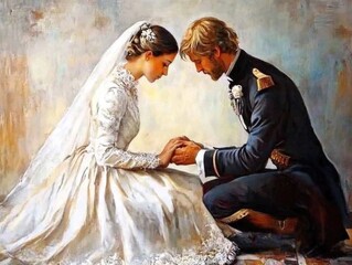 Romantic victorian wedding scene with couple in historical attire