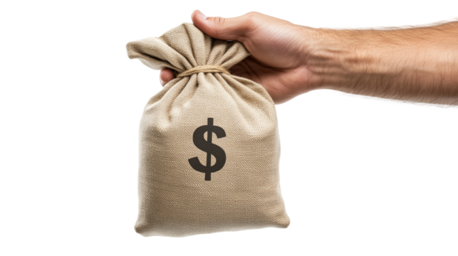 Hand Holding Money Bag with Dollar Sign isolated on white or transparent background, png clipart, design element