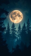 Full moon rising over a mysterious forest at night
