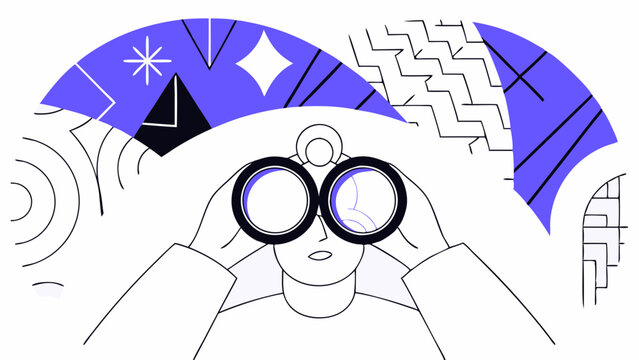 A person is depicted looking through a telescope, surrounded by blue and black abstract patterns and shapes. The composition includes geometric shapes and curved lines that are dynamic.AI