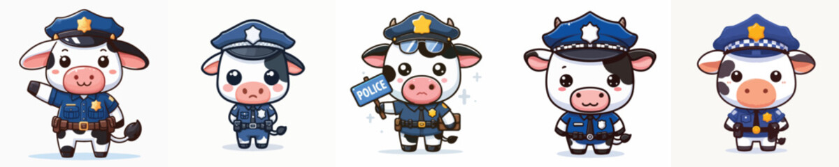 Vector set of adorable cows wearing police uniforms