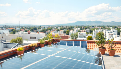 view of solar power panels on roof terrace, Paper Cutout style. with white shades