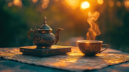 Sunset Tea Ceremony; Ornate Kettle, Cup, Steam; Outdoor Table
