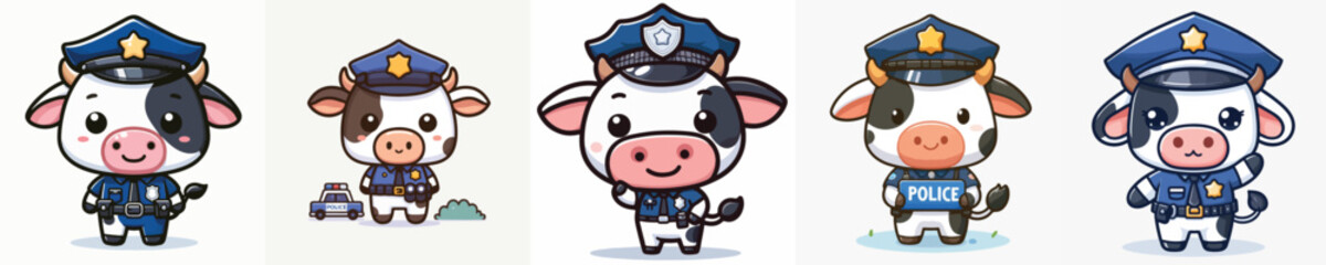 Vector set of adorable cows wearing police uniforms