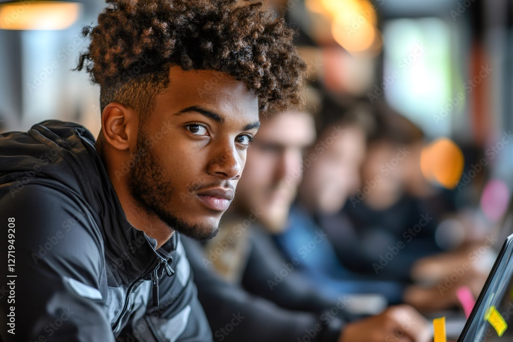 Aufkleber focused young programmer working on laptop in coworking space