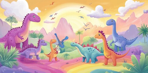 Obraz premium Colorful cartoon dinosaurs are enjoying music and nature together