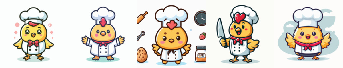Vector set of cute chickens wearing chef uniforms